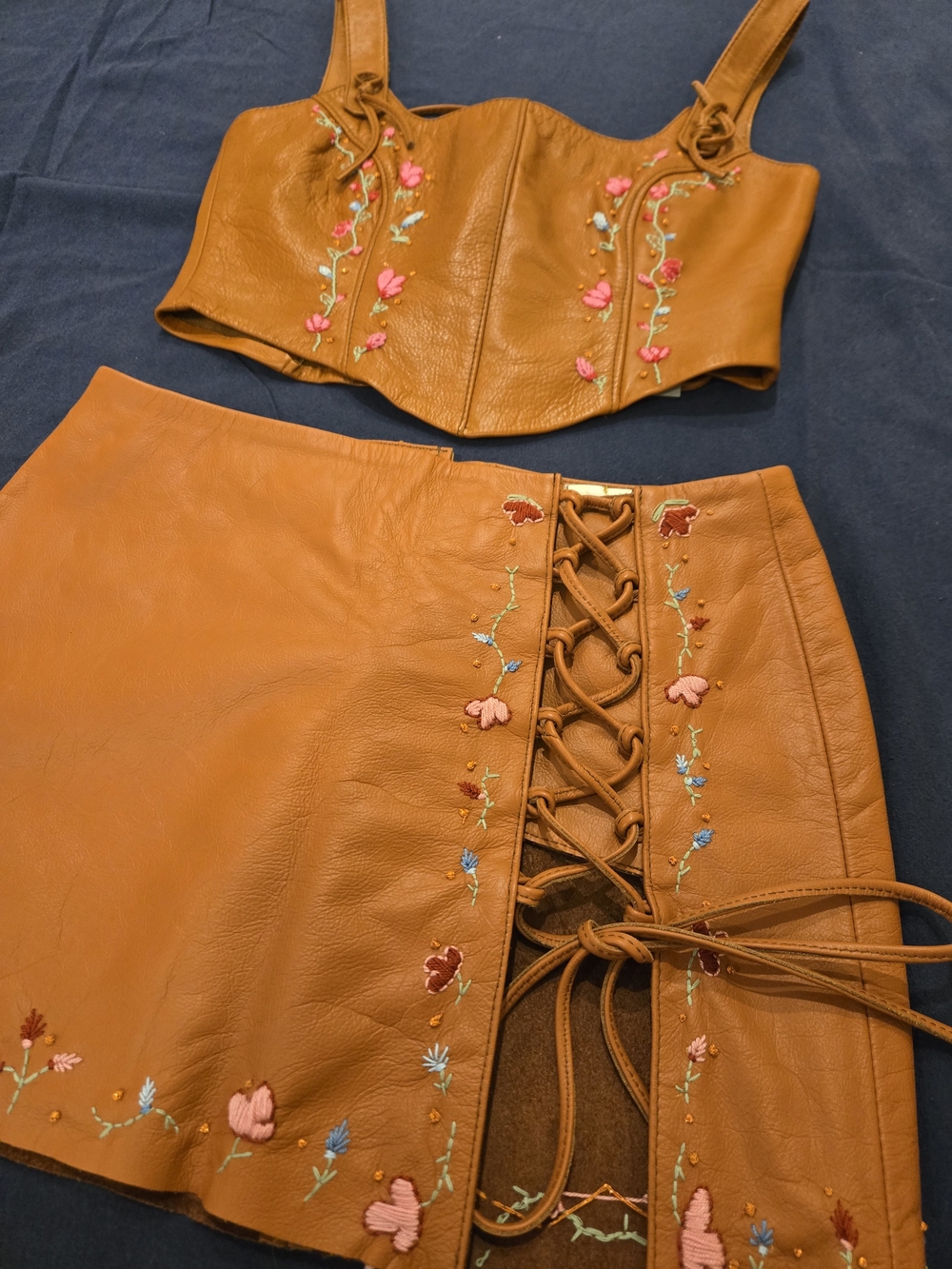 TACH Lesya Leather Embroidered Lace-Up Corset And Mini Skirt SET